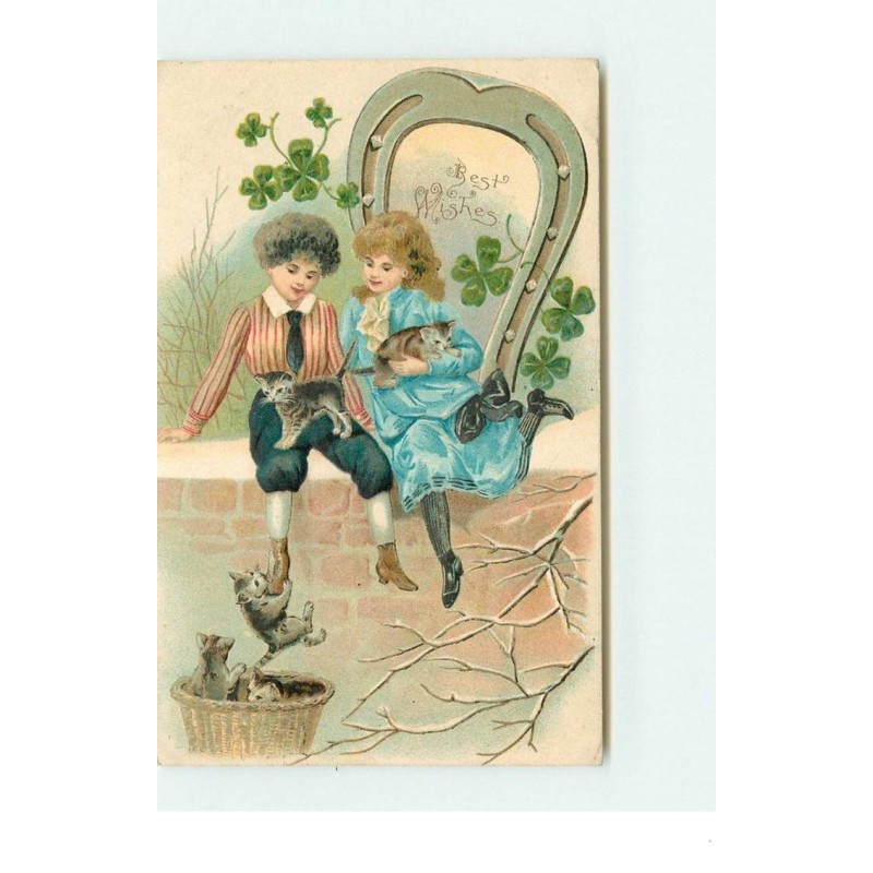 n°15142 - Carte Gaufrée - Best Wishes - Enfants jouant avec des chatons - chat