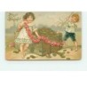 n°15144 - Carte Gaufrée - Prosit Neujahr - Garçon remuant une caisse remplie de pièces d'or, et une fillette ...