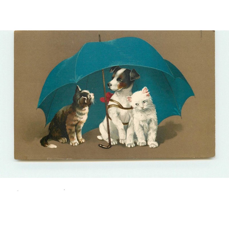 n°15154 - Meissner - Un chien et deux chats sous un parapluie