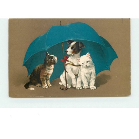 n°15154 - Meissner - Un chien et deux chats sous un parapluie