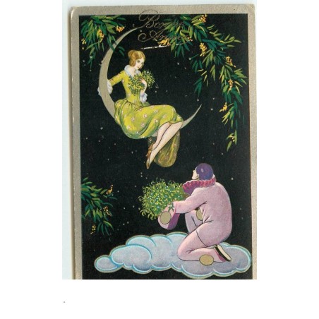 n°15160 - Bonne Année - Style Chiostri - Pierrot offrant des fleurs à une jeune femme assise sur un croissant de lune