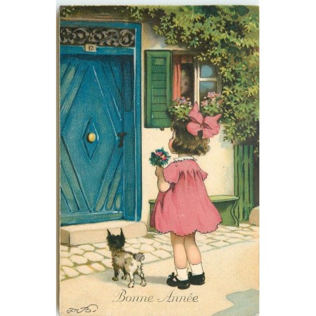 n°15161 - Bonne Année - Fritz Baumgarten - Fillette avec un petit chien devant une porte