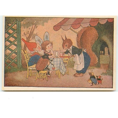 n°10506 - Carte Illustrateur - Fairie, lutin, hanneton, écureuil habillé en serveur