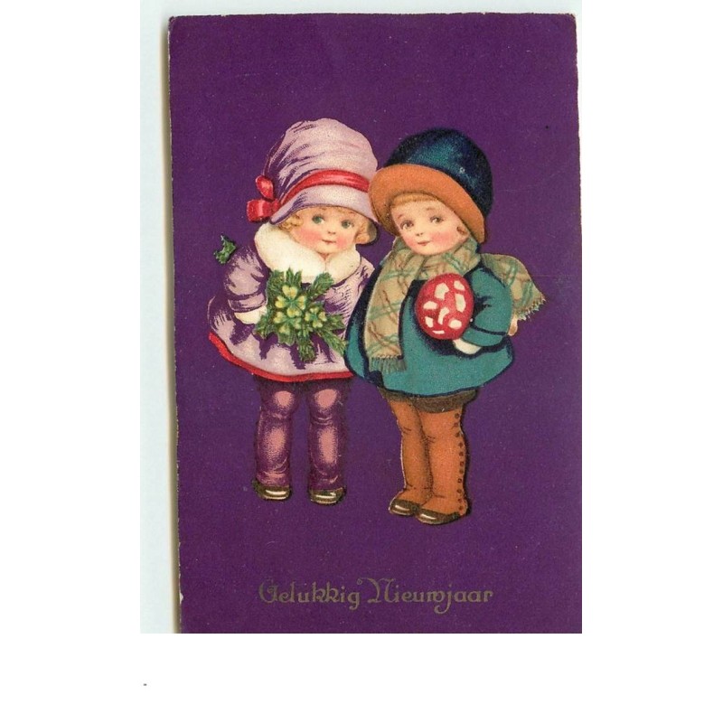 n°15179 - Gelukkig NieuwJaar - Enfants apportant un champignon et des trèfles