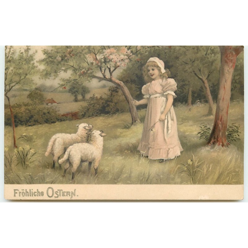 n°15186 - Fröhliche Ostern - Fillette avec deux moutons