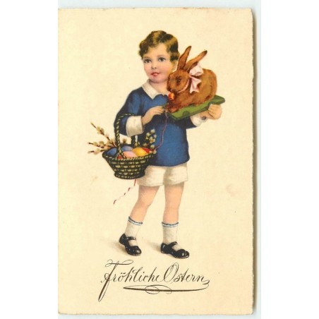 n°15188 - Fröhliche Ostern - Garçon portant un panier rempli d'oeuf, et un lièvre