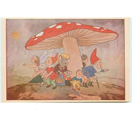 n°10507 - Carte Illustrateur - Fairie, lutin, souris habillée - champignon