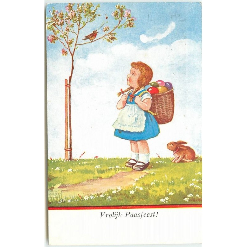 n°15193 - Vrolijk Paaschfeest - Fillette portant une hotte remplie d'oeuf, avec un lapin, regardant un oiseau chantant