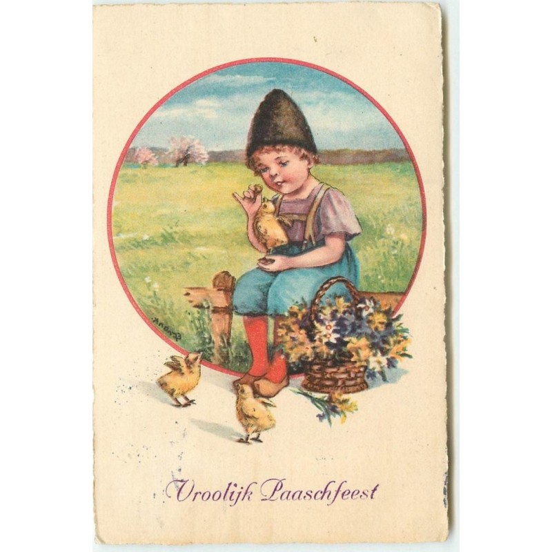 n°15194 - Vroolijk Paaschfeest - Fillette avec des poussins