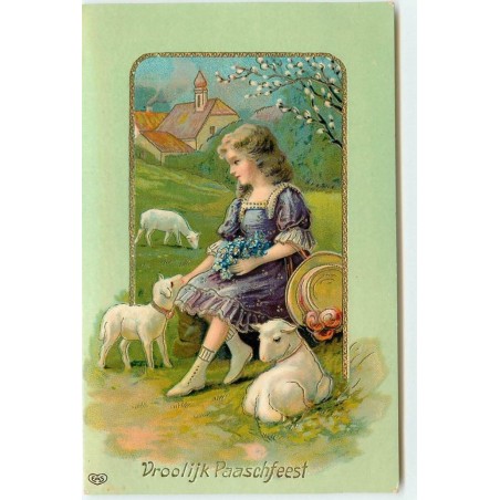 n°15195 - Carte Gaufrée - Vroolijk Paaschfeest - Fillette avec des moutons