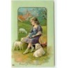 n°15195 - Carte Gaufrée - Vroolijk Paaschfeest - Fillette avec des moutons
