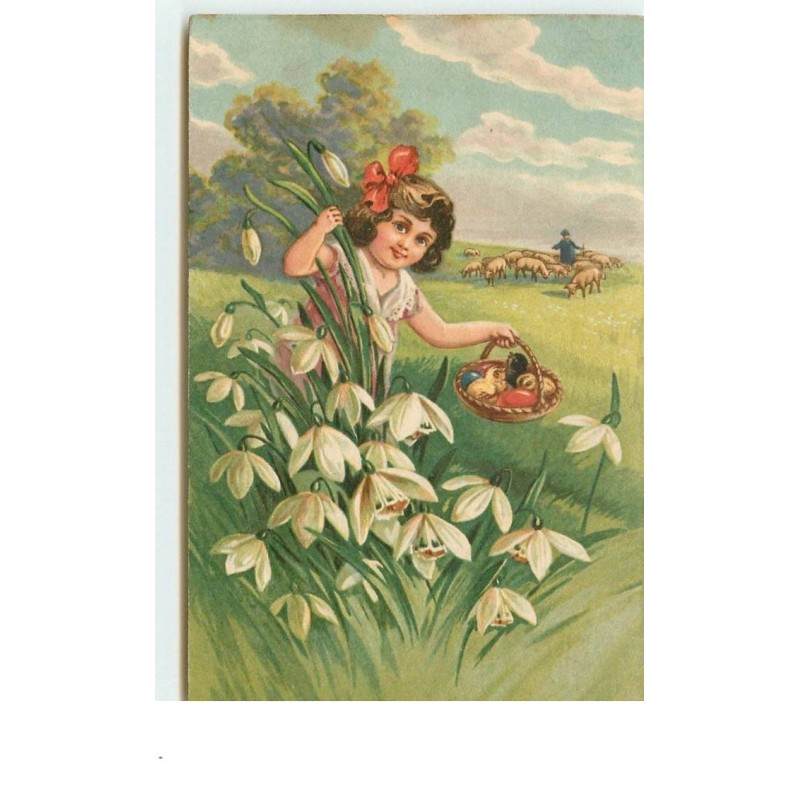 n°15196 - Fillette se cachant derrière des fleurs portant un panier rempli d'oeuf - Meyssen Manufacturen Amsterdam