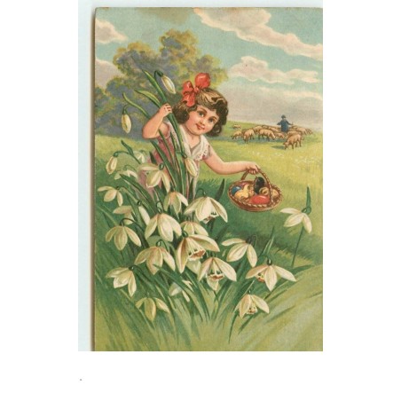 n°15196 - Fillette se cachant derrière des fleurs portant un panier rempli d'oeuf - Meyssen Manufacturen Amsterdam