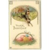 n°15199 - Carte Gaufrée - Vroolijk Paaschfeest - Lièvres et panier rempli d'oeufs