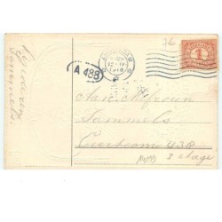n°15199 - Carte Gaufrée - Vroolijk Paaschfeest - Lièvres et panier rempli d'oeufs