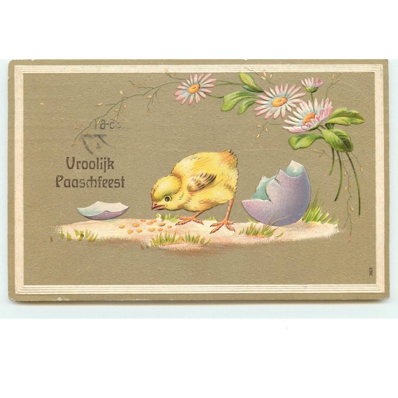 n°15200 - Carte Gaufrée - Vroolijk Paaschfeest - Poussin mangeant à côté de son oeuf