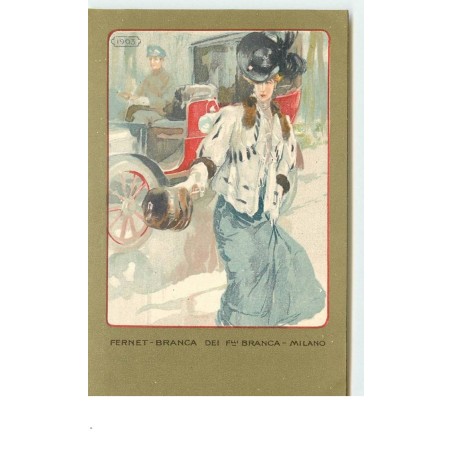 n°15205 - Publicité - Fernet-Branca dei Flli Branca Milano - Femme élégante devant une automobile