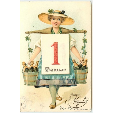 n°15237 - Carte Gaufrée - Prosit Neujahr - 1 Januar - Femme portant des bouteilles de Champagne dans des seaux