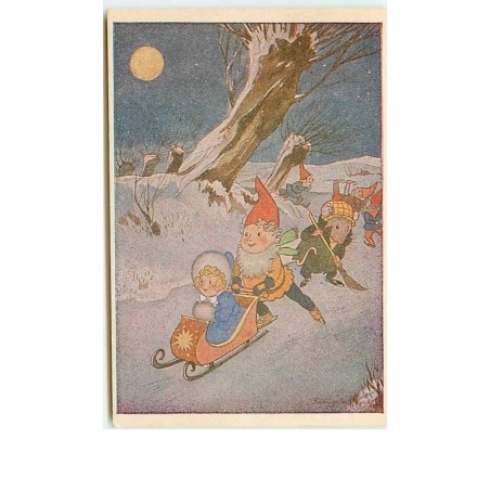n°10509 - Carte Illustrateur - Fairie, lutins , souris habillée - Patinage - Sport d'hiver