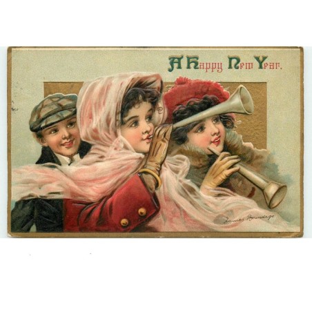 n°15238 - Carte Gaufrée - Brundage - A Happy New Year - Femmes avec des trompettes