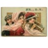 n°15238 - Carte Gaufrée - Brundage - A Happy New Year - Femmes avec des trompettes
