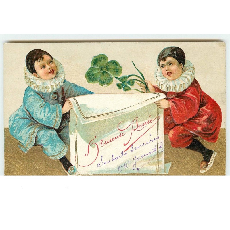 n°15239 - Carte Gaufrée - Heureuse Année - Pierrots rouge et bleu