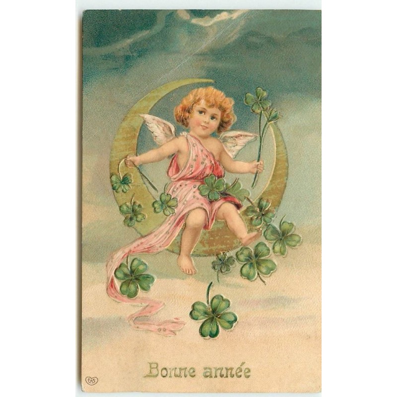 n°15240 - Carte Gaufrée - Bonne Année - Angelot assis sur une lune