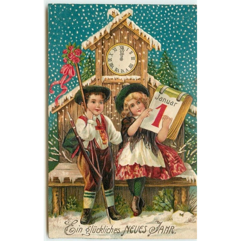 n°15243 - Carte Gaufrée - Ein Glückliches neues jahr - Enfants et Pendule