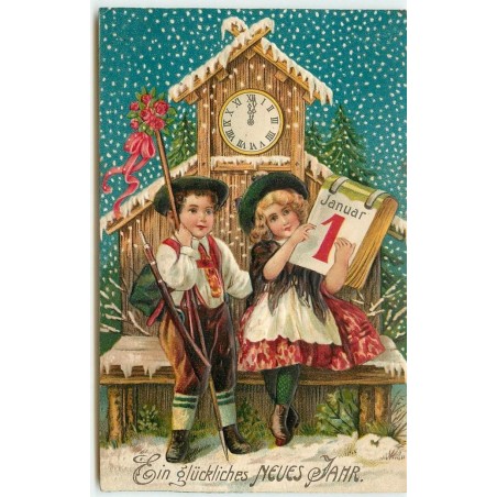 n°15243 - Carte Gaufrée - Ein Glückliches neues jahr - Enfants et Pendule