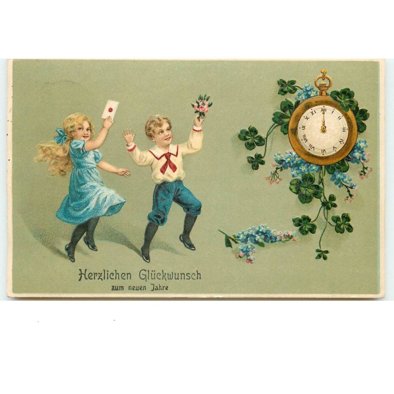 n°15245 - Carte Gaufrée - Enfants devant une Pendule