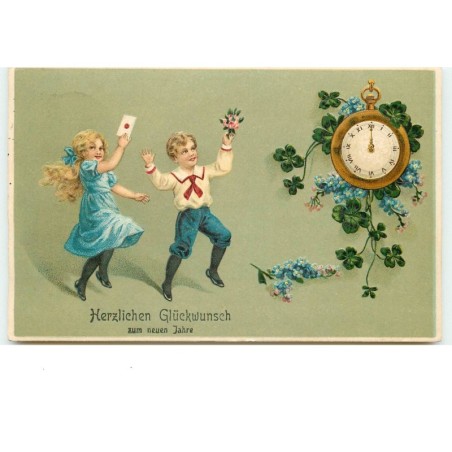 n°15245 - Carte Gaufrée - Enfants devant une Pendule