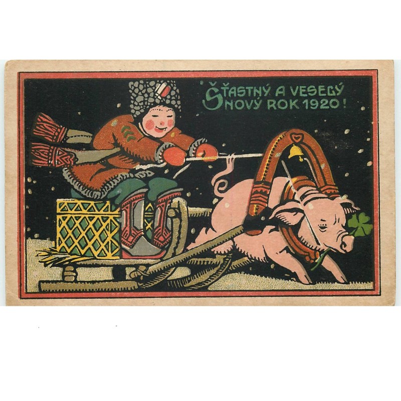 n°15246 - Carte Fantaisie - Stastny a Vesegy - Novy Rok 1920 - Attelage de Cochon