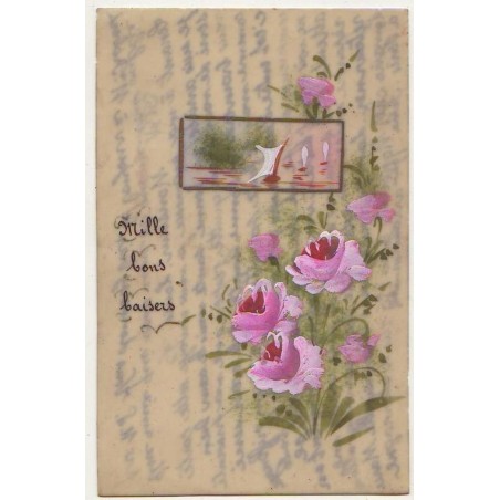 n°15252 - Carte Celluloïd - Mille Bons Baisers - Fleurs et bateaux