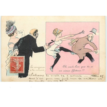 n°15255 - X. Sager - On sait bien que tu es un vieux gateux - Femme légèrement vêtue frappant un homme
