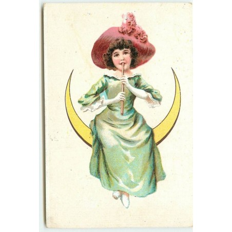 n°15275 - Jeune fille assise sur un croissant de lune jouant de la flûte