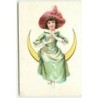 n°15275 - Jeune fille assise sur un croissant de lune jouant de la flûte