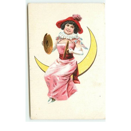n°15276 - Jeune fille assise sur un croissant de lune jouant des cymbales