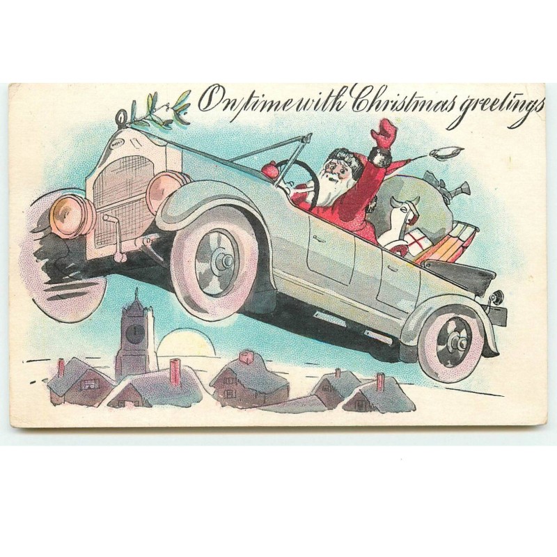 n°15293 - On Time with Chirstmas Greetings - Père Noël dans une voiture passant au-dessus d'un village