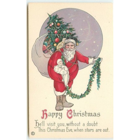 n°15298 - Happy Christmas - Santa Claus avec une guirlande et portant un sac rempli de cadeaux et d'un sapin
