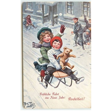 n°15301 - Arthur Thiele - Fröhliche Fahrt ins Neue Jahr - Rodelheil - Enfants sur une luge - Teddy Bear