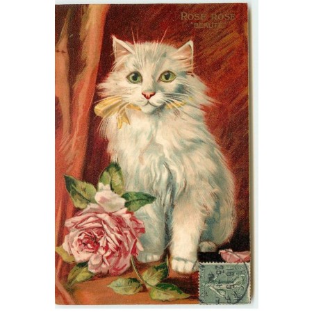 n°15302 - Maurice Boulanger - Rose Beauté - Chat avec un noeud jaune, près d'une rose