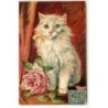 n°15302 - Maurice Boulanger - Rose Beauté - Chat avec un noeud jaune, près d'une rose