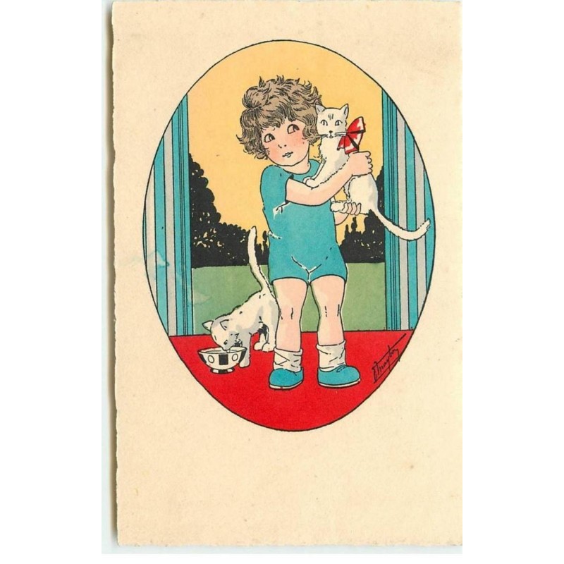 n°15306 - Maybon - Fillette câlinant un chat, l'autre chat buvant