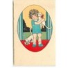 n°15306 - Maybon - Fillette câlinant un chat, l'autre chat buvant