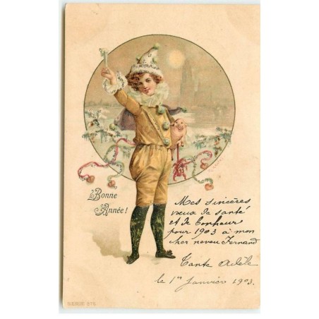 n°15327 - Carte avec des Paillettes - Kratki - Bonne Année - Garçon tenant un cochon