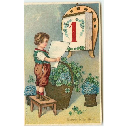 n°15336- Carte Gaufrée - Happy New Year - Garçon devant un éphémeride