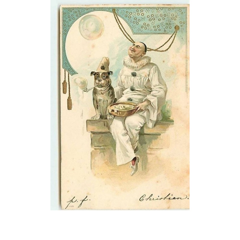 n°10513 - Carte Illustrateur Gaufrée - Pierrot et Chien faisant des Bulles