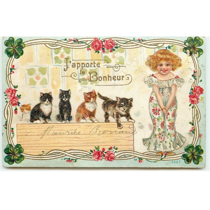 n°15347 - Carte Gaufrée - J'apporte le Bonheur - Fillette avec des chats