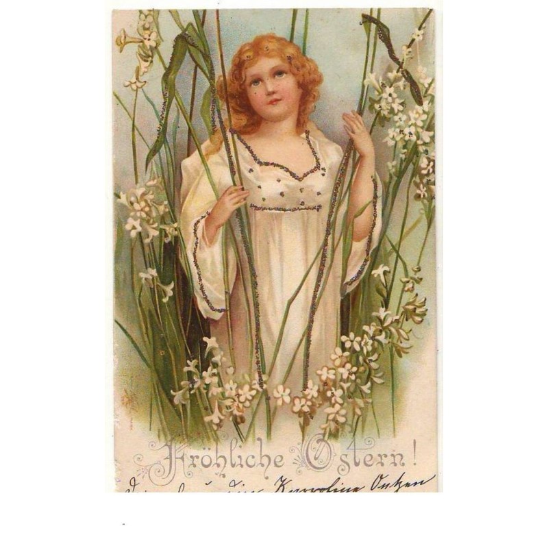 n°15365 - Carte avec des strasses - Clapsaddle - Fröhliche Ostern - Ange parmi des fleurs