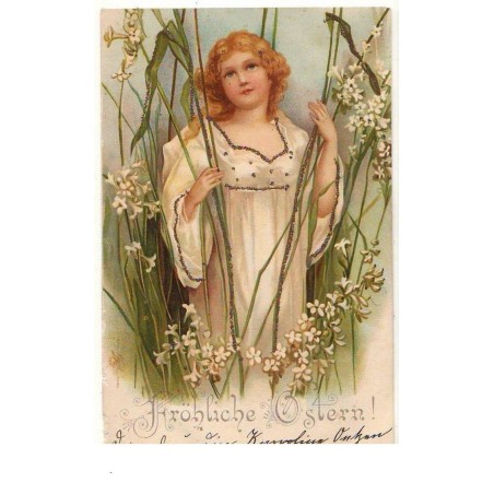 n°15365 - Carte avec des strasses - Clapsaddle - Fröhliche Ostern - Ange parmi des fleurs